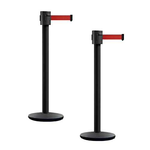 Montour Line MI760 Set of 2 Retractable Belt Barrier Stanchion, Cast Iron Base, Black Powder Coated Post (35 ft Red Belt)