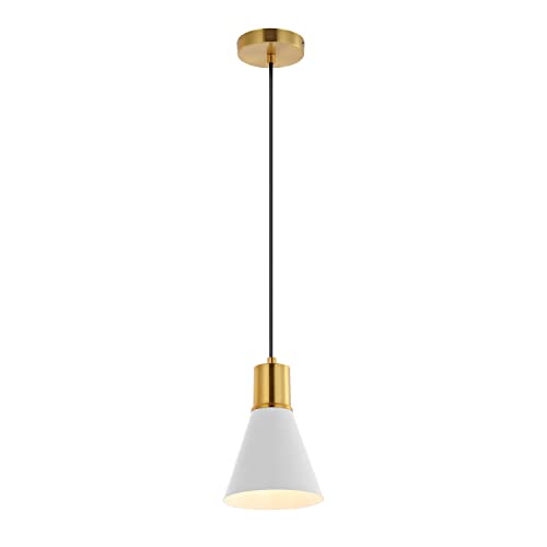 Image of JONATHAN Y Apollo Mid-Century 1-Light Pendant 6 inch, White /Brass Gold | Modern, Adjustable Height, Metal Cone Shade, Kitchen Island, Hallway, UL Listed, Slope-Compatible, LED Bulb Included