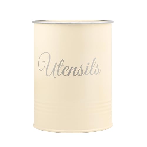 Innoteck Metal Utensil Holder, Powder-Coated Cutlery Organiser Pot with Non-Slip Base, Rust-Proof Countertop Storage for Spoons, Spatulas, Knives, Forks & Cooking Tools – Farmhouse Style - Cream