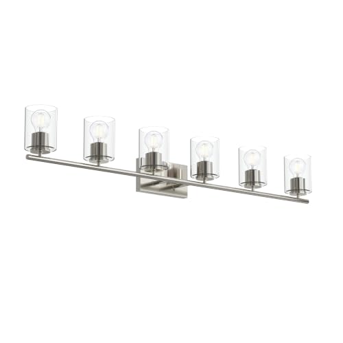 Image of Progress Lighting Replay 48 Inch 6-Light Vanity Light, Transitional, Polished Nickel with Clear Glass Shades, (7.875 inch H x 48 inch W x 6 inch D), P300585-104
