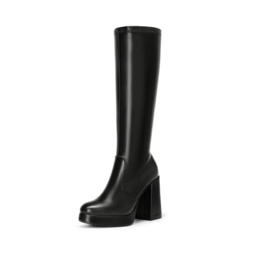 Image of DREAM PAIRS Women's Chunky Platform Heels Knee High Boots,Black-Pu,6.5