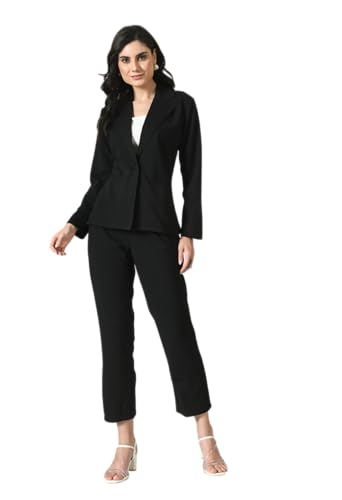 Image of Women's Lyocell Casual Solid Full Sleeve Collared Top and Pant Set with Blazer | Western Set for Women