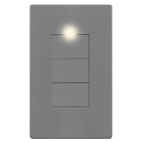 Image of LIDER Lighted Triple Switch with Screwless Wall Plate, Combination Frameless Decorator Switch with Locator Light, Ground Terminal, Single Pole, 15A 120V, UL Listed, Thermoplastic, Matte Gray