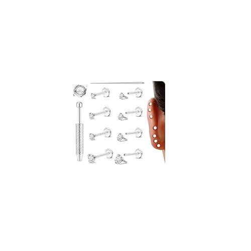 4 Pairs Titanium Flat Back Earring Hypoallergenic Nose Stud Flatback Internally Threaded Tragus Helix Conch Cartilage Lip Piercing Jewelry for Women Men With Ball Grabber Tool Insertion Pin Silver 18G