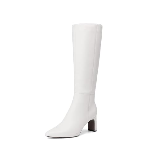 DREAM PAIRS Knee High Boots Women Chunky Block Heel Square Toe Side Zipper Tall Boots for Women,Size 6,White,DWUMKB2540