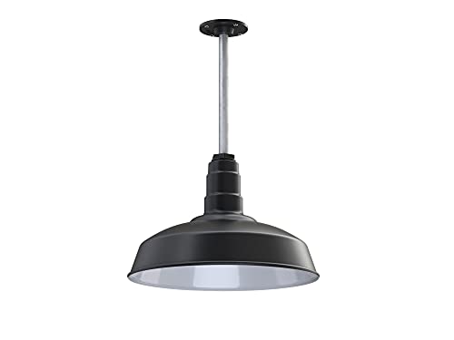 Steel Lighting Co. Carson Barn Light | Ceiling Mounted Pendant | 16 Inch Dome | 12 Inch Stem | Industrial Style Steel Light Made In America | Matte Black Exterior/White Interior #TOP16