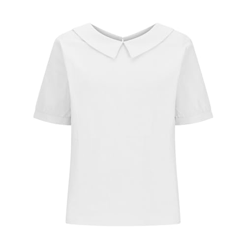 Peter Pan Collar Shirts for Women Short Sleeve Cotton Linen Blouse Summer Casual Plain Tunic Tops Teen Girls T Shirts3