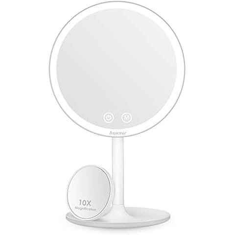Auxmir Makeup Mirror with Light, Illuminated LED Mirror with 3 Modes, Rotation Mirror on Stand with Attached 10X Magnifying Mirror for Making up, Shaving, Vanity, Dressing Table, White Cover