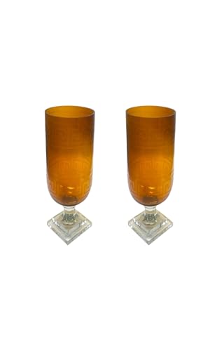 Amber Greek Key Design Glass Hurricane Lamp Lantern, Set of
