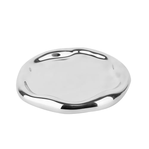 Silver Tray Decorative Vanity Tray Bathroom Tray Jewelry Dish Ceramic Silver Round Plate Holder Makeup Tray Home Organizers Irregular Storage Plate Bathroom organizer (Round)
