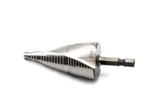 Image of TEMO M35 Cobalt Step Drill Spiral Flute Unibit, Two Size: 7 /8 Inch and 1-1 /8 Inch, 1 /4 Inch Hex Shank