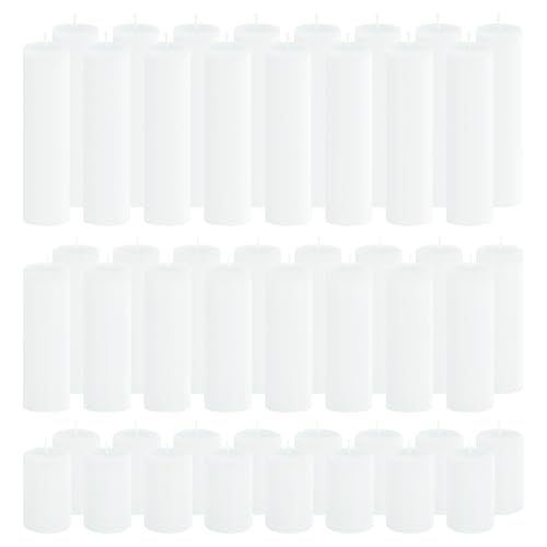 CHICERA 48-Pack White Unscented Pillar Candle Set - 2x3 2x6 2x8-inch Long-Burning Drip-Free Tapers 16 Per Size. Ideal for Home Decor Weddings Emergencies and Holidays.