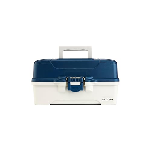 Image of Plano Three-Tray Tackle Box, Blue /White, Rust-Proof Brass Latch, Top-Access Tray with Deep Storage, Made in the USA, Portable Fishing Gear Storage Organizer