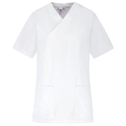 B-well Fabia Unisex Kasack - 100% Baumwolle, Kurzarm, V-Ausschnitt für Damen und Herren Pflege, Schlupfkasack in Weiß (S)