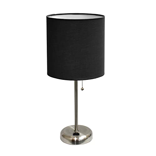 Simple Designs LT2024-BLK Brushed Steel Stick Table Desk Lamp with Charging Outlet and Drum Fabric Shade, Black Shade