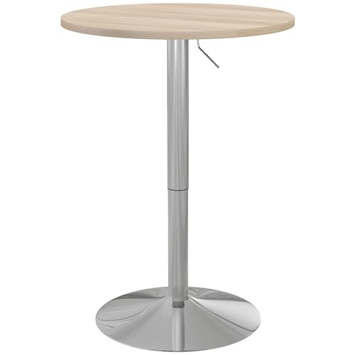 HOMCOM Table de Bar Ronde Table Haute Cuisine Mange-Debout réglable en Hauteur 69-91 cm avec Plateau pivotante à 360° Base en Acier chêne Clair et argenté
