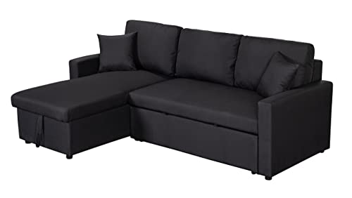 OMGO L Shaped Reversible Sectional Sofa w/Storage Chaise and& 2 Pillows, Convertible Corner Couch with Pull Out Bed, for Small Space Apartment, Living Room, Bedroom, 82.00, Black - Thumbnail 5