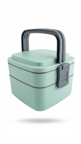 Image of Bento Lunch Box 2 Tier Leak Proof, Mint Green, 13.5x13.5x11.5 cm