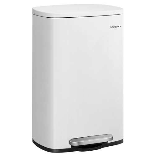 SONGMICS 13 Gallon (50 L) Trash Can, Stainless Steel Kitchen Garbage Can, Recycling or Waste Bin, Soft Close, Step-On Pedal, Removable Inner Bucket, White ULTB050W01 by SONGMICS - Used condition - US$61.19