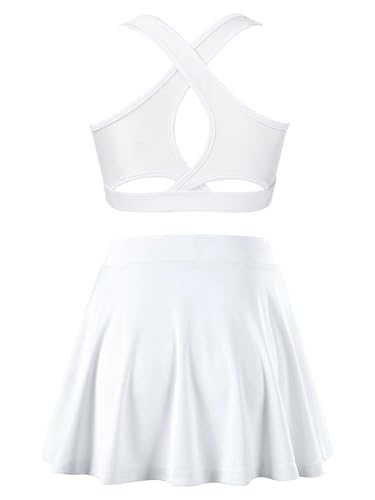 Kids Girls Plain Crop Top & Skater Skirt Set Tennis Golf Outfit 2 Piece Sport Training Tacksuit Set Activewear White 8 Years2