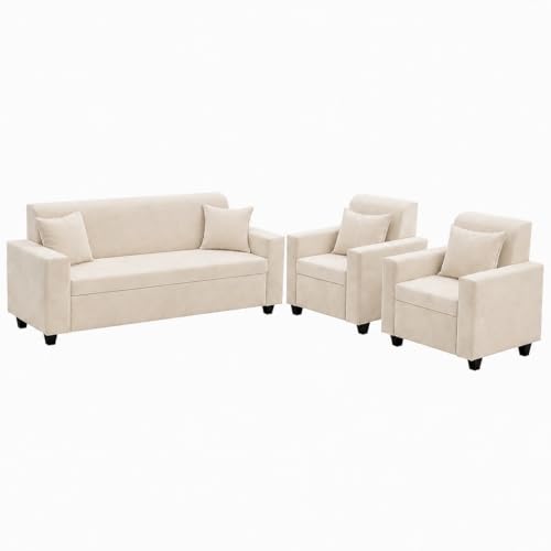 Image of FURNY QualityWood 3 Seater + 1 Seater + 1 Seater Fabric Sofa Set (Cream) with Velvet Finish | Durable Comfort | Ideal for Living Room