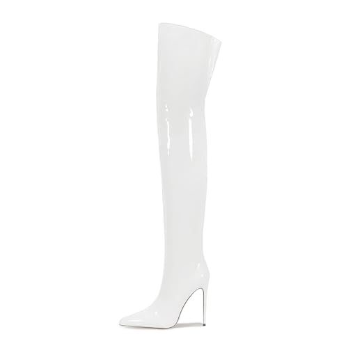 Image of Thigh high boots for women striped Back zipper Burgundy Zebra Print Over the knee Sexy gold white pointed toe Cow Print leopard Magenta stiletto heel