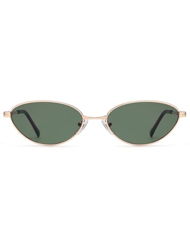 Retro Oval Cat Eye Sunglasses for Women, Vintage Metal Frame with Spring Hinge, Trendy Fashion Glasses AP3730, Gold/Green