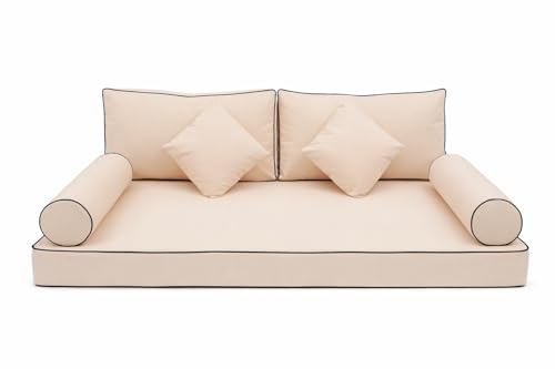 Nesturialia Outdoor Daybed Cushion Twin Set 7-Piece Water-Repellent Patio Swing Bed Mattress with Bolster & Back Pillows Fade-Resistant Cushions 75 x 39 x 6 Khaki