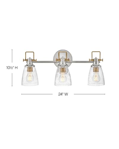 Image of Hinkley Easton Three Light Bath Vanity Fixture, Modern Industrial, Clear Seedy Glass Shade, Mounts Up or Down, Polished Nickel and Heritage Brass