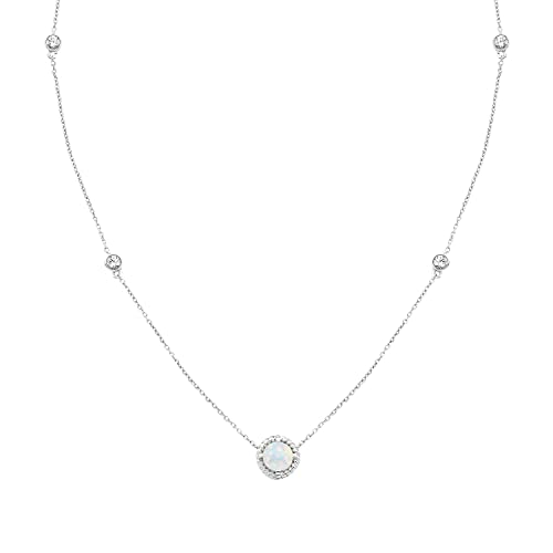 .925 Sterling Silver Genuine White Opal & Lab-Grown White Sapphire 5 Station Necklace - 20” Cable Chain - October #TOP10