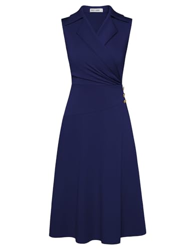 GRACE KARIN Women Summer Sleeveless A Line Midi Dress Business Work Ruched Wrap V Neck Dress Navy Blue L