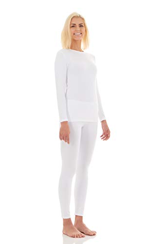 Bodtek Womens Thermal Underwear Set Premium Long John Base Layer Fleece Lined Top and Bottom (White, X-Large)