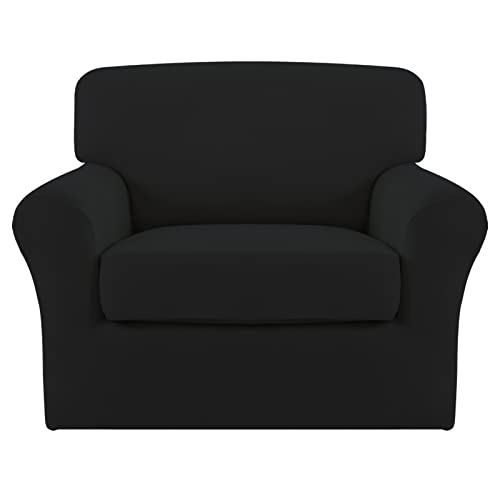 Image of Easy-Going 2 Pieces Stretch Sofa Slipcover for Armchair Washable | Spandex Soft Fitted Sofa Couch Cover for Living Room Washable Furniture Protector with Bottom Kids Pet Black