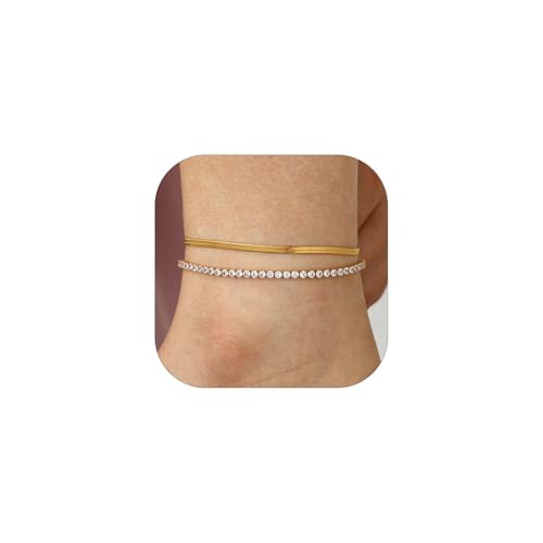 ChainsHouse Ankle Bracelets for Women, Stainless Steel Chain Anklets Waterproof, Women Summer Beach Jewelry Gift, Come with Box 05. 2pcs-(3mm)-CZ Snake-Gold