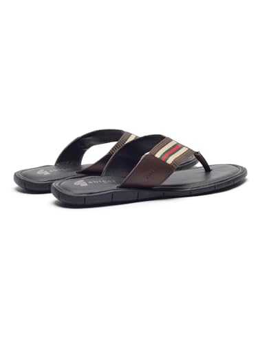 Image of Gabicci Mens Thong Slipper, Slip On Entry, (Size 40-45), Top Grain Leather, Casual Lounging Slipper, TPR Sole, Flat Heel, Sandy Trim Toe Post