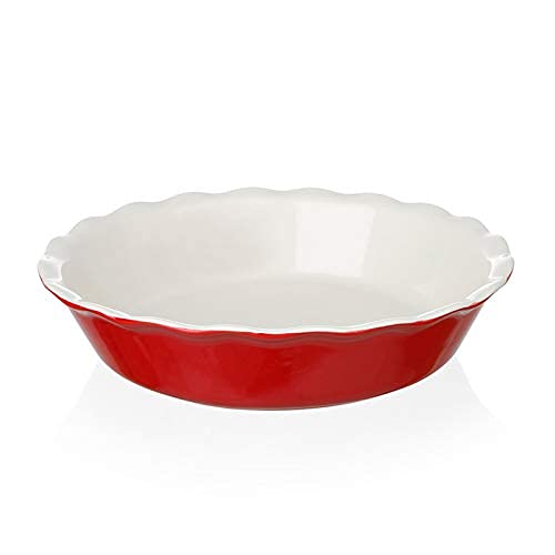 SWEEJAR Ceramic Pie Pan for Baking, 10 Inches Round Baking Dish for Quiche, Non-Stick Pie Plate with Soft Wave Edge for Apple Pie, Pumpkin Pie, Pot Pies (Red)