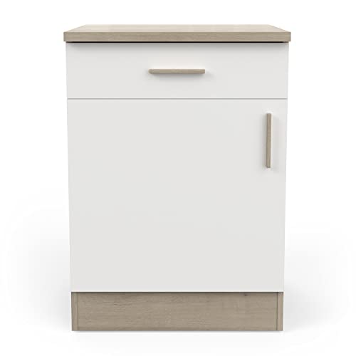 Meuble bas de cuisine 1 porte + 1 tiroir coloris chêne kronberg, blanc - Longueur 60 x Hauteur 85 x Profondeur 60 cm -PEGANE-