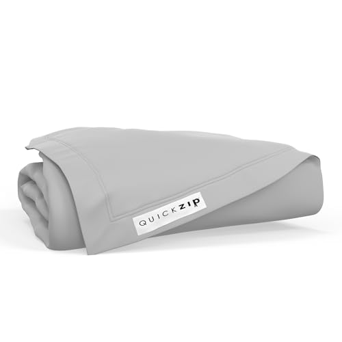 Image of QuickZip Fitted Plus Spare Bundle: 1 Fitted Sheet (Base + Zip Sheet) & 1 Zip Sheet - Easy to Change, Won't Pop Off - Soft Percale 400 TC 100% Cotton - 15 inch Deep Pockets RV King Size - Misty Gray