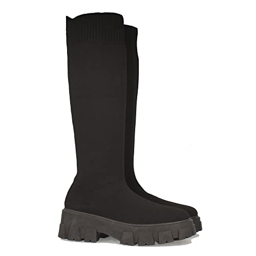 shoes&blues.es 61887-Bota de Mujer con Plataforma, Suela Dentada, Material Elastico, y Cierre de Ajuste, Otono Invierno 2021. Talla 39 Negro