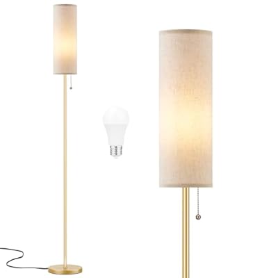 Ambimall Floor Lamp for Living Room with 3 Color Temperatures Bulb, 64" Standing lamp with Linen lampshade for Bedroom, Minimalist Pole Lamp, Beige Shade & Gold Pole