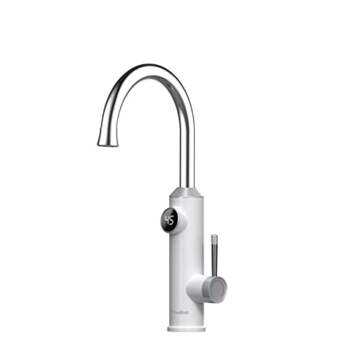SKYLYZH Grifo de Agua Caliente Instantanea, Grifo eléctrico Giratorio de 360°, con Pantalla Digital LED, Eléctrico Grifos de Cocina, Grifo Monomando de Cocina, grifos para Fregadero-White Cover