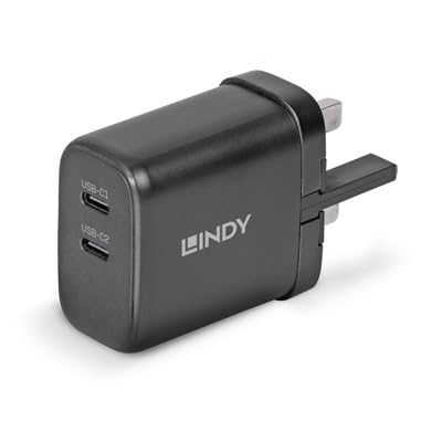 Chargeur 65W USB C double port Lindy avec prise UK pour charger deux appareils à la maison