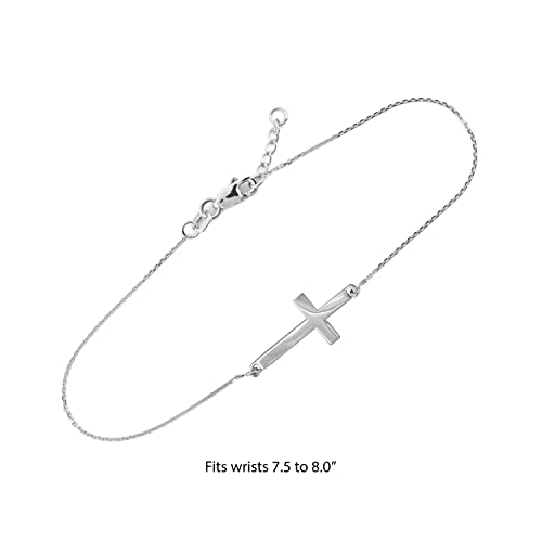 14K White Gold Sideways Cross Crucifix Christian Rolo Chain Bracelet With Lobster Claw Clasp - Adjustable 7-1/2" With 1/2" Extender #TOP2