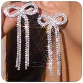 fxmimior Women Bridal Silver Bow Rhinestone Earrings Dangling for Women Chandelier Statement Tassel Earrings Sparkly Drop Crystal Earrings Halloween Long Dangle Earrings