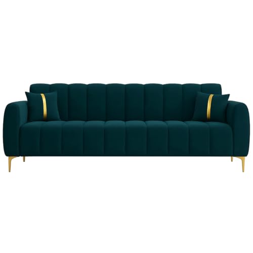 Image of FURNY Harmony 3 Seater Velvet Fabric Sofa Set (Greenish Teal) with Golden Finish Legs | Durable & Comfortable | Ideal for Living Room