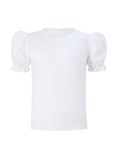 Girls Blouse Ruffle Puff Short Hollow Out Sleeve T-Shirt Round Neck Solid Casual Tops 3-12 Years