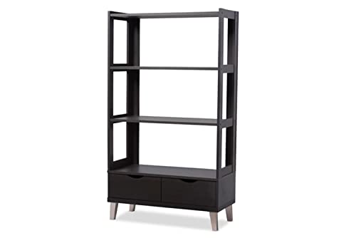 Baxton Studio Kalien Modern & Contemporary Wood Bookcase With Display Shelves & Two Drawers, Dark Brown #TOP12