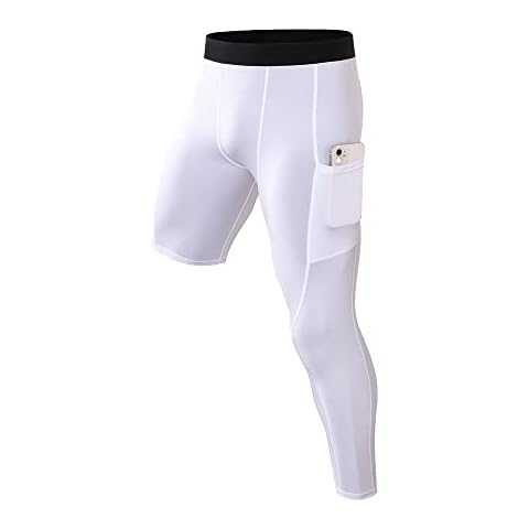 One Leg Compression Tights for Men,Men's Compression Basketball Tights Athletic Leggings with Pockets Running Base Layer Active Underwear Breathable Quick Dry(White,S) Cover
