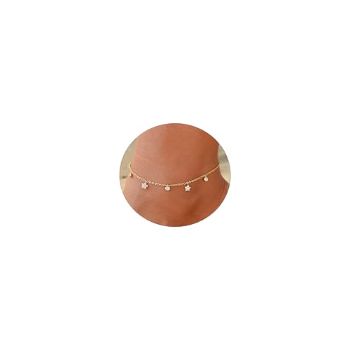 Image of Anklets for Women 14K Gold Plated Anklets Waterproof Ankle Bracelets for Women Silver Ankle Bracelet Layered Cross Satellite Bowknot Flower Pearl Beach Anklets Cute Jewelry Gift