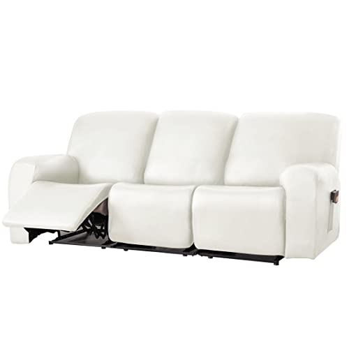 vctops 8 Pieces Waterproof Faux PU Leather Recliner Sofa Covers Stretch Soft 3 Seats Couch Cover Anti-Slip Sofa Slipcover Furniture Protector with Elastic Bottom for Kids Pet(White,3 Seat)